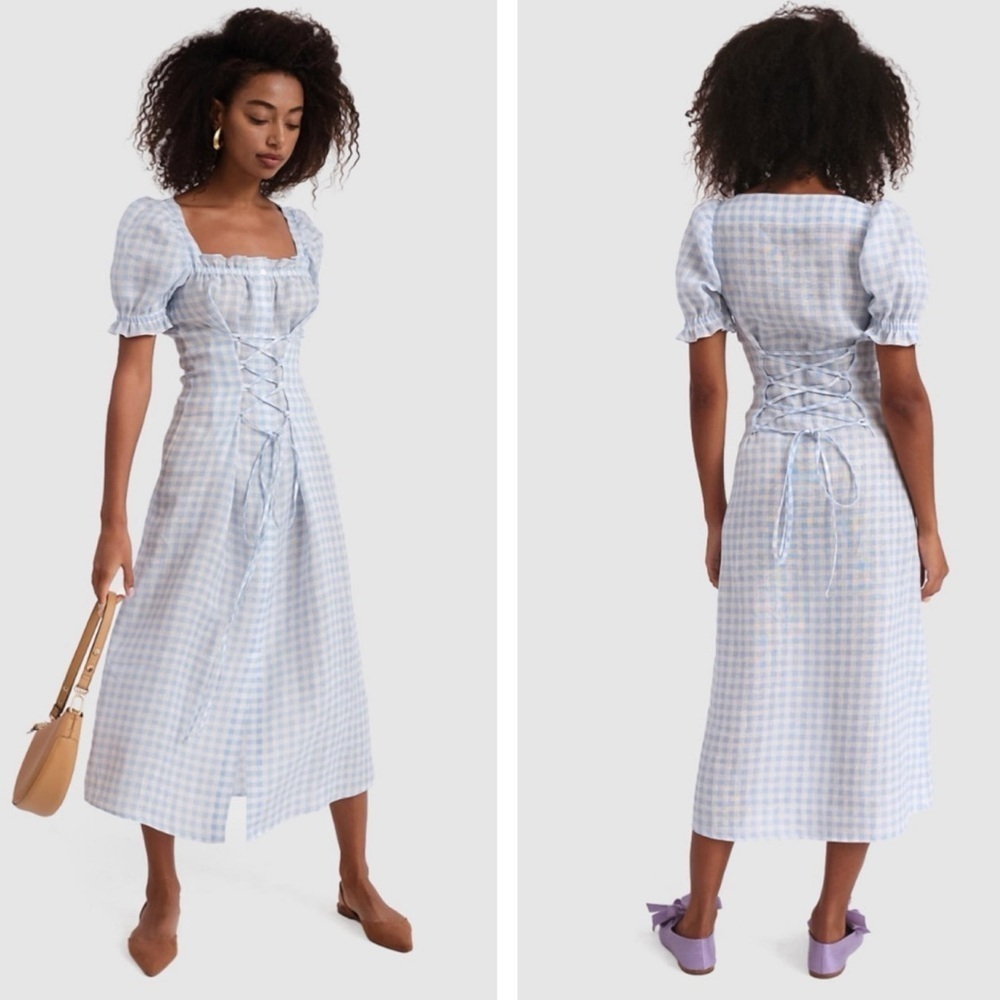 NWT Sleeper Blue White Gingham Marquise Corseted 100% Linen Midi Dress size XS